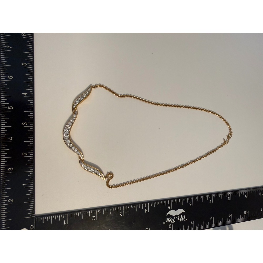 Monet Vintage Gold Tone Rhinestone Wave Curved Bar Pendant Necklace 16 Inch